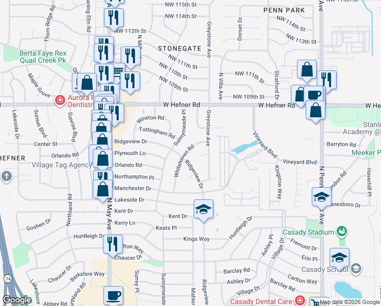 map of restaurants, bars, coffee shops, grocery stores, and more near 10716 Whitehaven Road in The Village