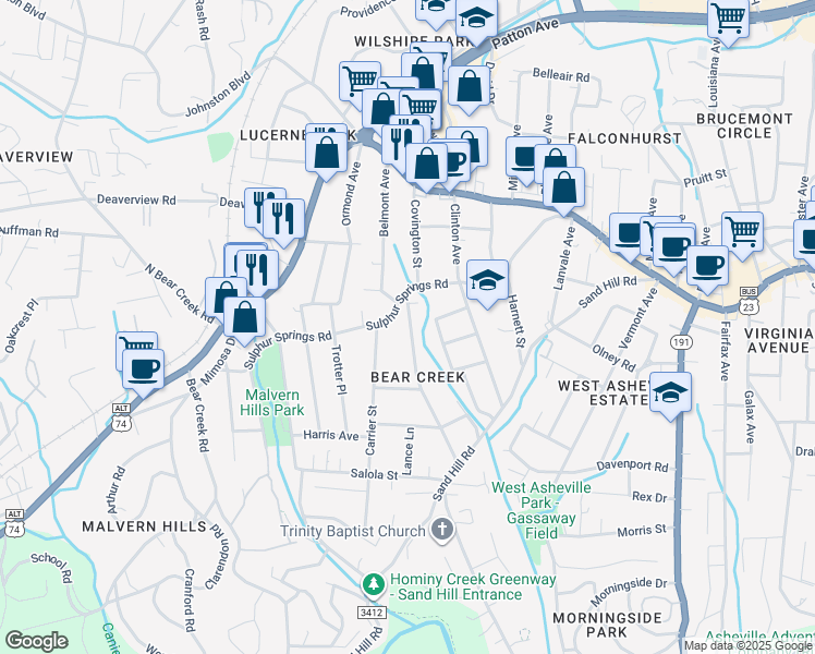 map of restaurants, bars, coffee shops, grocery stores, and more near 3 Meadowbrook Avenue in Asheville