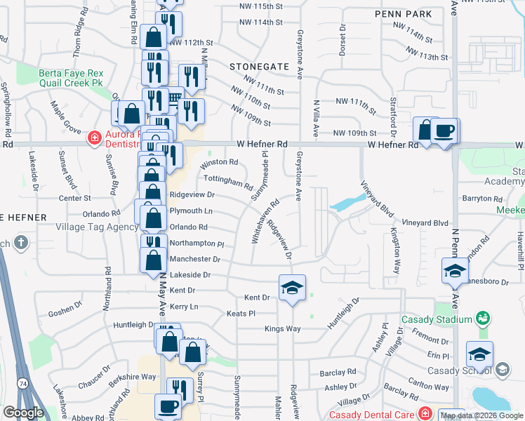 map of restaurants, bars, coffee shops, grocery stores, and more near 10700 Sunnymeade Place in The Village