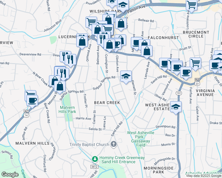 map of restaurants, bars, coffee shops, grocery stores, and more near 3 Meadowbrook Avenue in Asheville