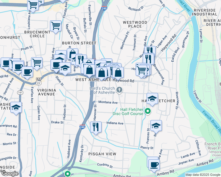 map of restaurants, bars, coffee shops, grocery stores, and more near 28 Richmond Avenue in Asheville