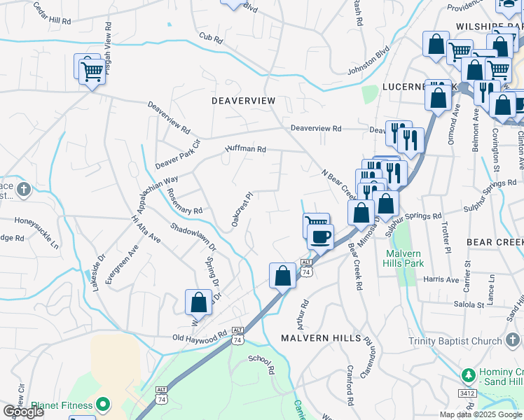 map of restaurants, bars, coffee shops, grocery stores, and more near 50 Oakcrest Drive in Asheville