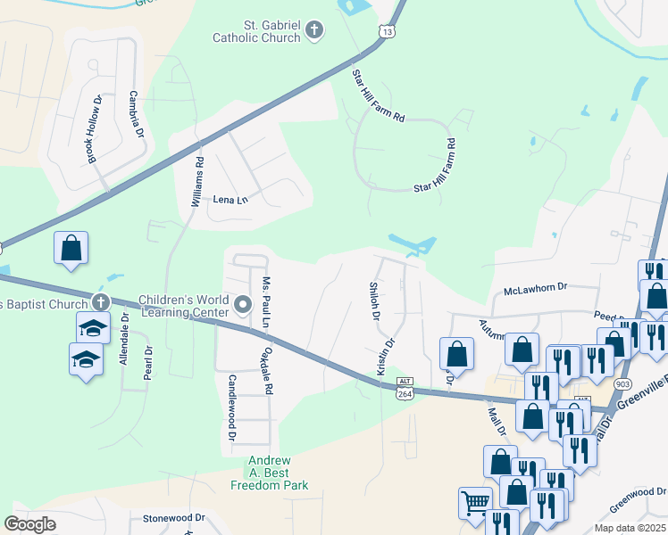 map of restaurants, bars, coffee shops, grocery stores, and more near 3150 Boardwalk Lane in Greenville