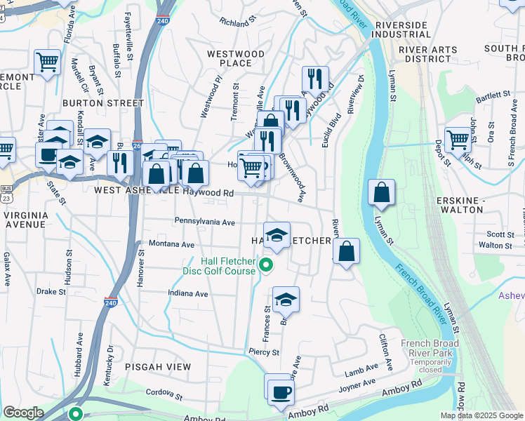map of restaurants, bars, coffee shops, grocery stores, and more near 23 Ridgelawn Road in Asheville