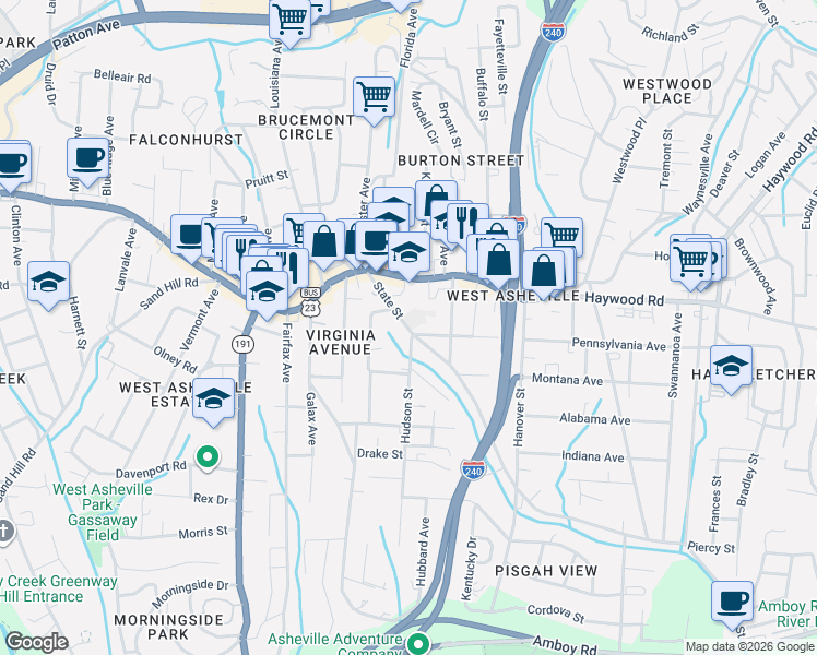 map of restaurants, bars, coffee shops, grocery stores, and more near 55 State Street in Asheville