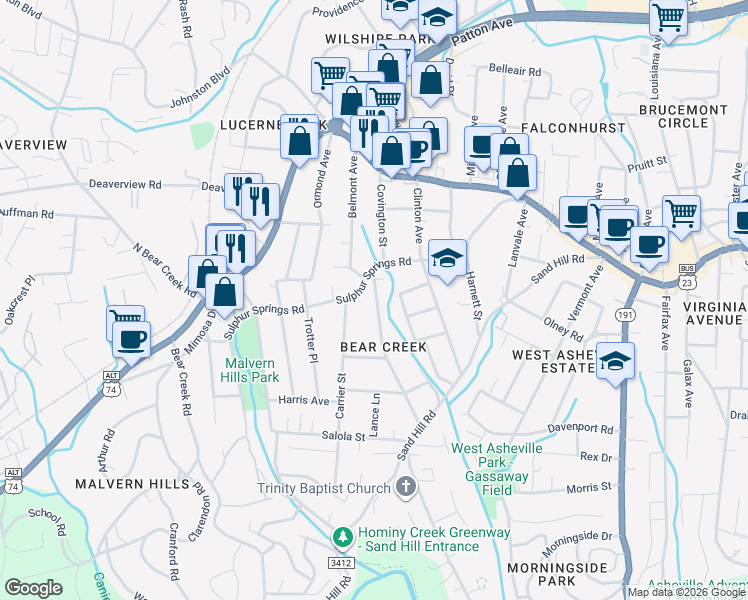 map of restaurants, bars, coffee shops, grocery stores, and more near 3 Meadowbrook Avenue in Asheville