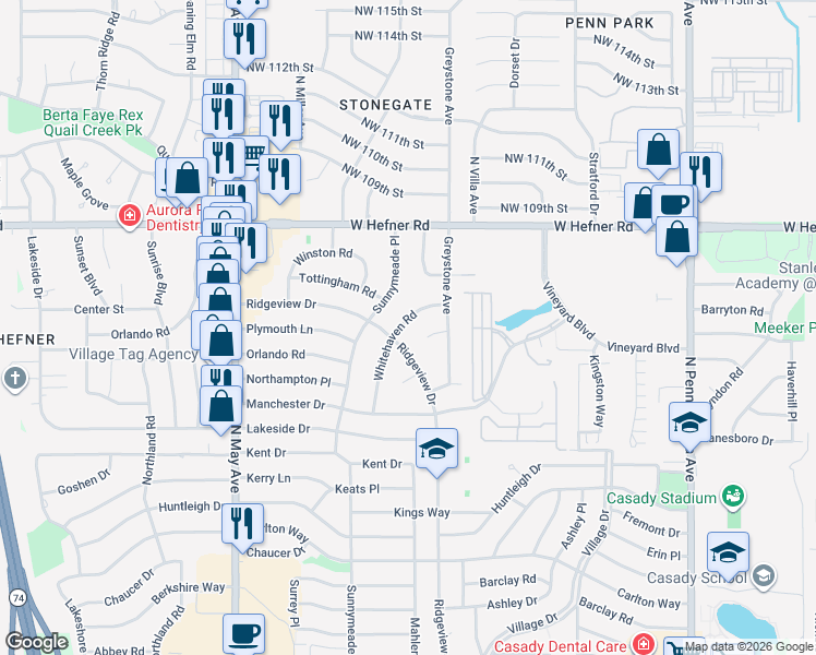 map of restaurants, bars, coffee shops, grocery stores, and more near 10716 Whitehaven Road in The Village