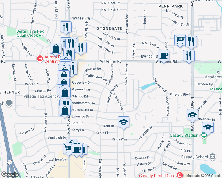 map of restaurants, bars, coffee shops, grocery stores, and more near 10700 Sunnymeade Place in The Village