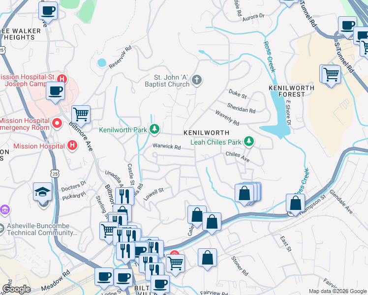 map of restaurants, bars, coffee shops, grocery stores, and more near 38 Warwick Road in Asheville