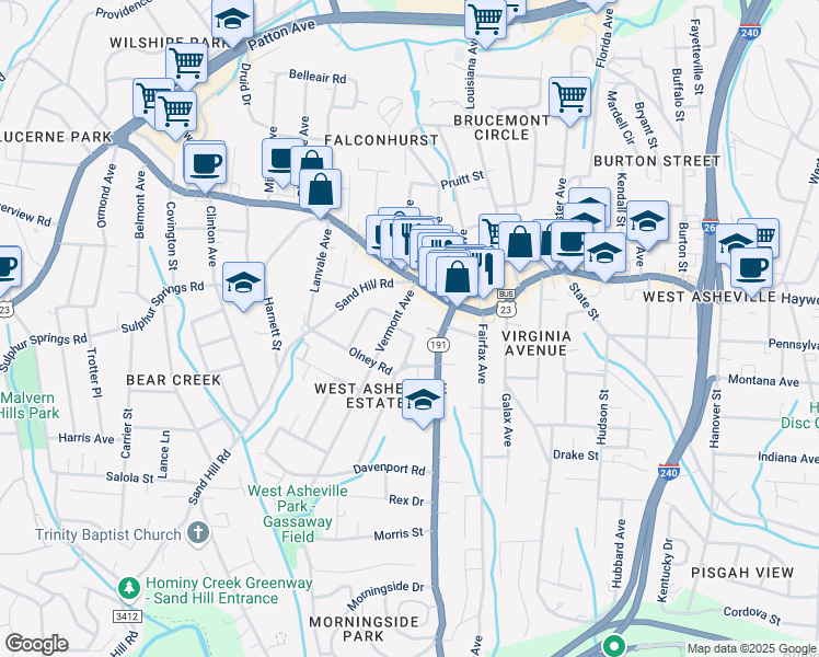 map of restaurants, bars, coffee shops, grocery stores, and more near 12 Vance Crescent Street in Asheville