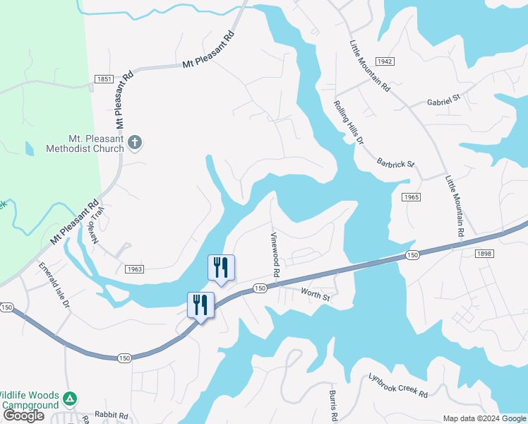 map of restaurants, bars, coffee shops, grocery stores, and more near 6958 Shade Tree Lane in Sherrills Ford