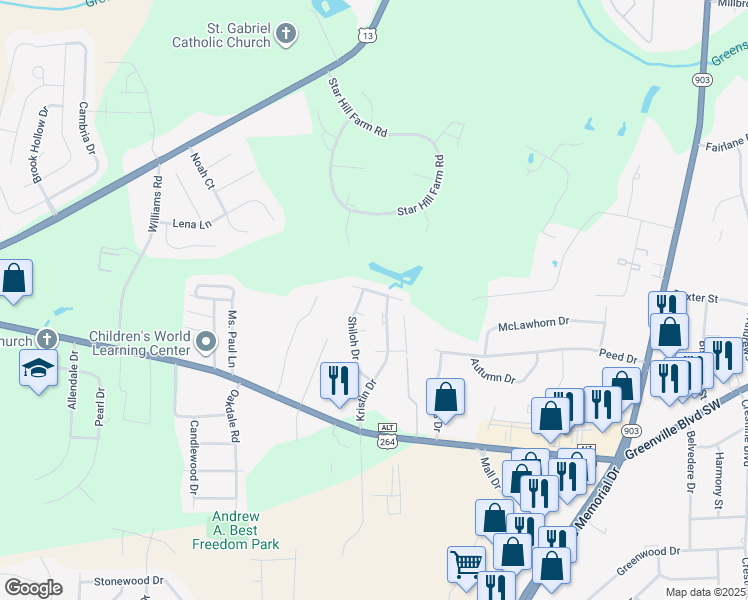 map of restaurants, bars, coffee shops, grocery stores, and more near 302 Alice Drive in Greenville