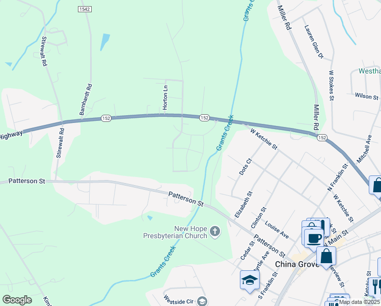 map of restaurants, bars, coffee shops, grocery stores, and more near 201 Damsenberry Way in China Grove