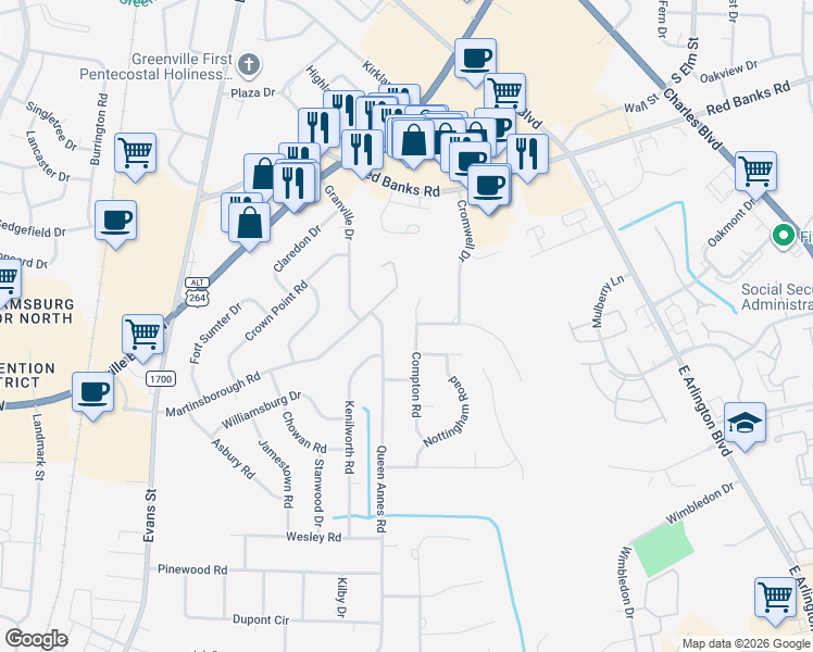map of restaurants, bars, coffee shops, grocery stores, and more near 103 Queen Annes Road in Greenville