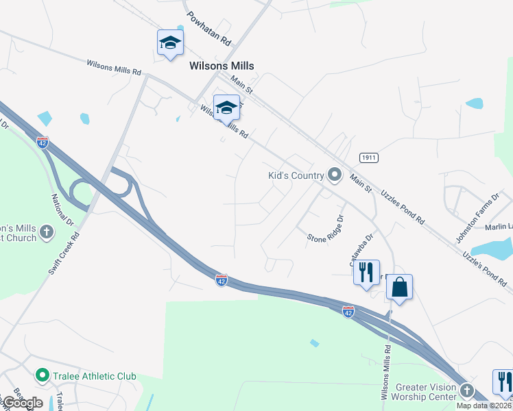 map of restaurants, bars, coffee shops, grocery stores, and more near 4287 Wilsons Mills Road in Smithfield