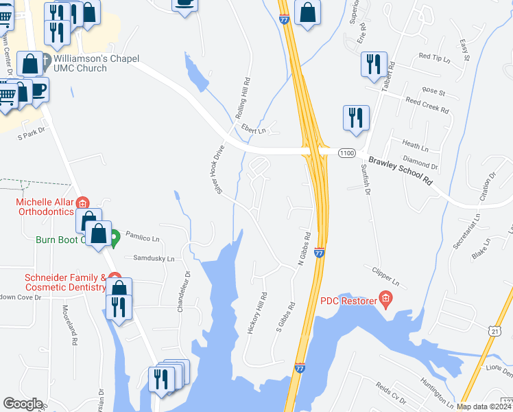 map of restaurants, bars, coffee shops, grocery stores, and more near 181 Forest Ridge Road in Mooresville