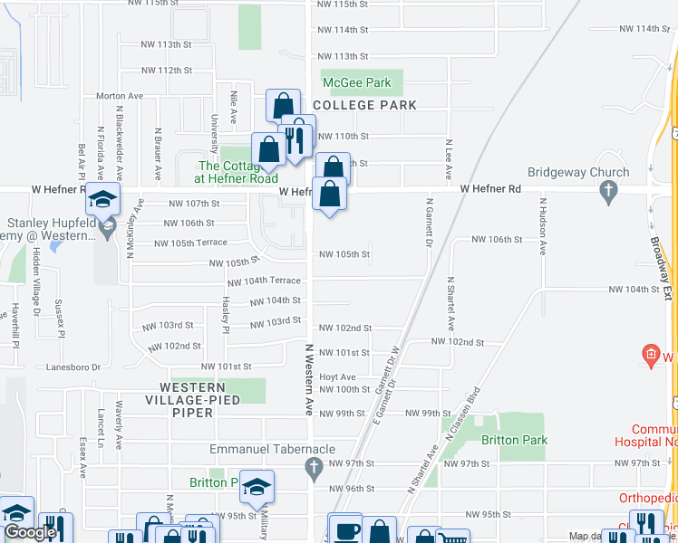 map of restaurants, bars, coffee shops, grocery stores, and more near 937 Northwest 104th Street in Oklahoma City