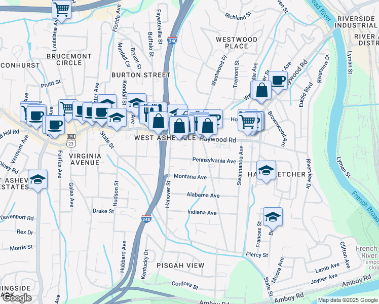 map of restaurants, bars, coffee shops, grocery stores, and more near 29 Richmond Avenue in Asheville