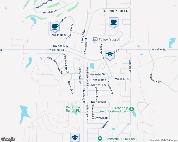 map of restaurants, bars, coffee shops, grocery stores, and more near 10608 Middlesbrough Lane in Yukon