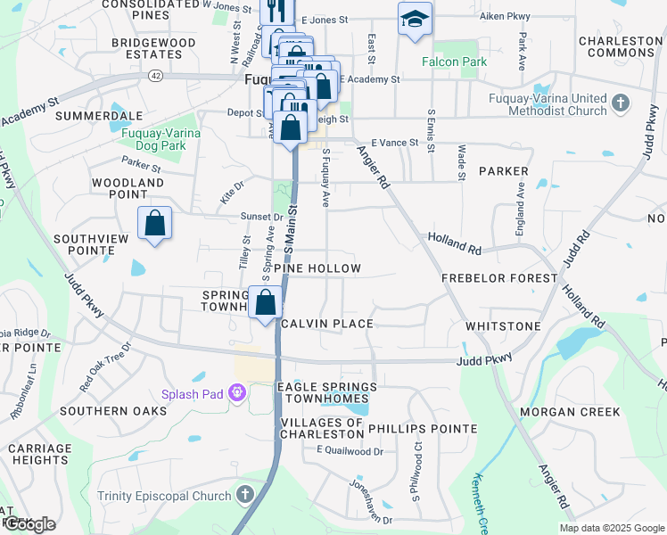 map of restaurants, bars, coffee shops, grocery stores, and more near 609 S Fuquay Ave in Fuquay-Varina