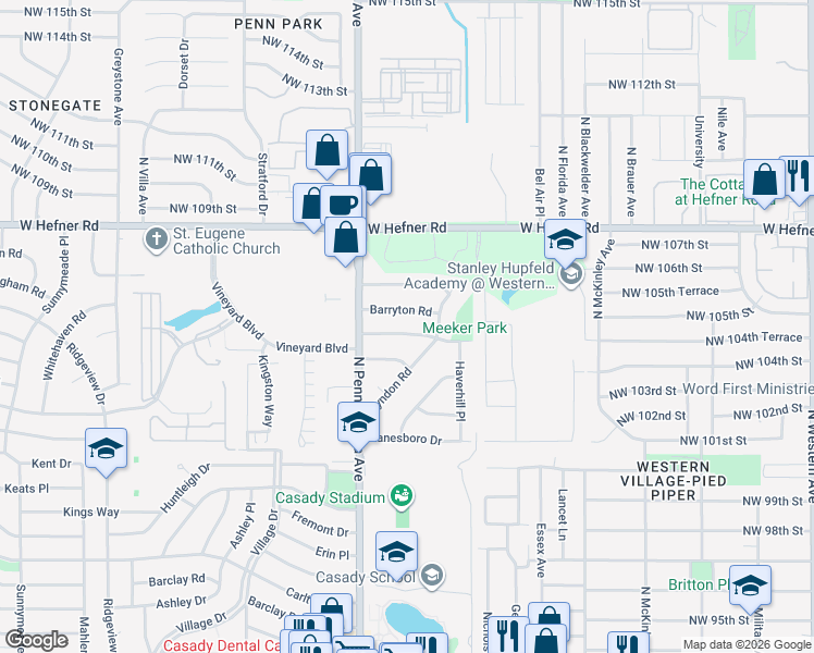 map of restaurants, bars, coffee shops, grocery stores, and more near 2009 Meeker Drive in The Village