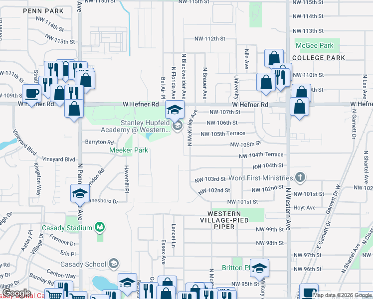map of restaurants, bars, coffee shops, grocery stores, and more near 10509 North McKinley Avenue in Oklahoma City