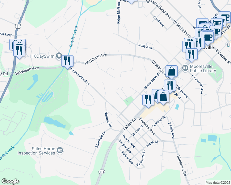 map of restaurants, bars, coffee shops, grocery stores, and more near 336 Lutz Avenue in Mooresville