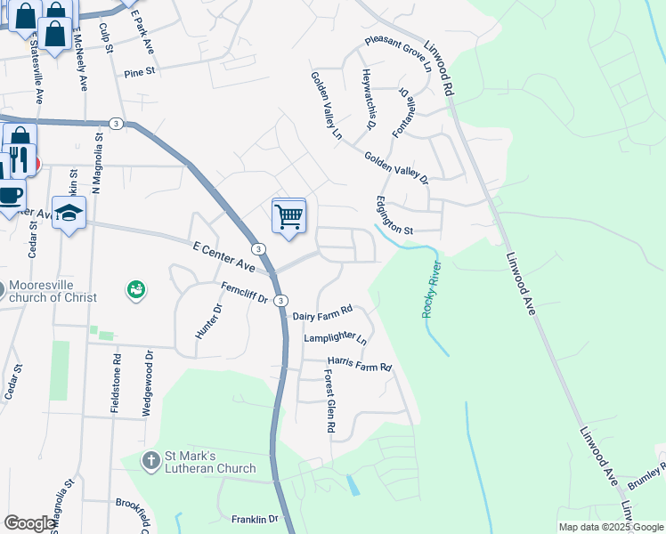 map of restaurants, bars, coffee shops, grocery stores, and more near 112 South Cromwell Drive in Mooresville