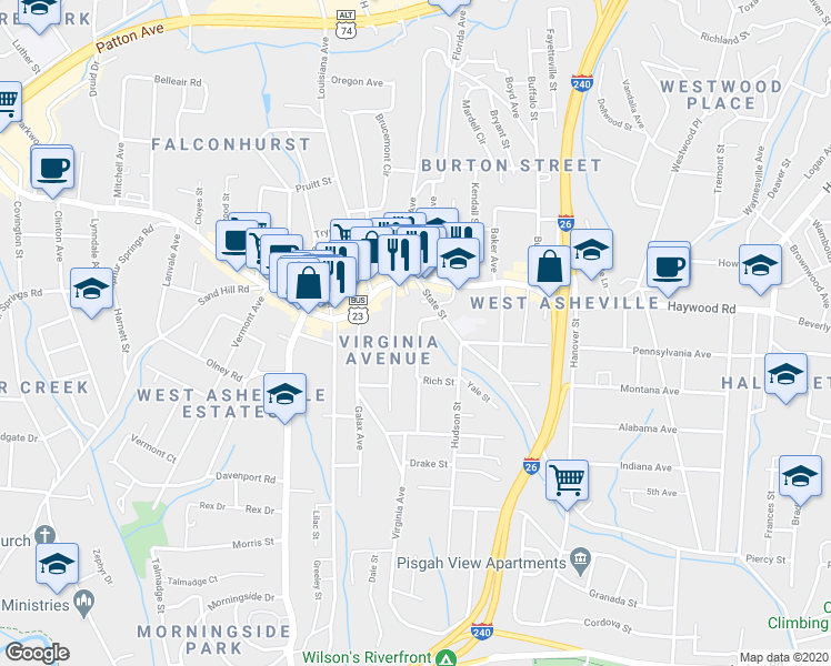 map of restaurants, bars, coffee shops, grocery stores, and more near 29 Nebraska Street in Asheville