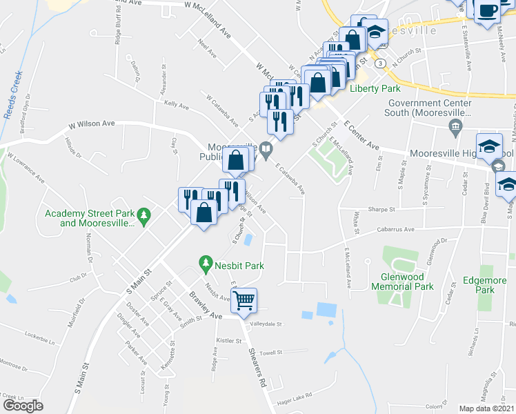 map of restaurants, bars, coffee shops, grocery stores, and more near 402 South Church Street in Mooresville