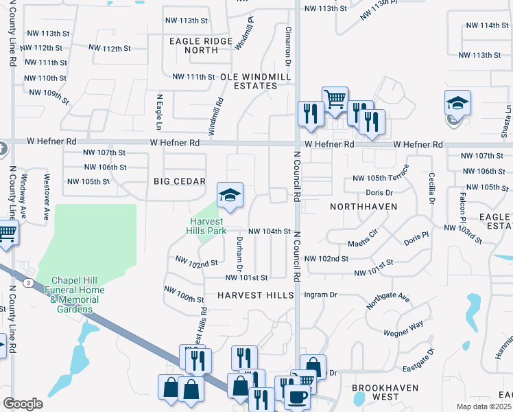 map of restaurants, bars, coffee shops, grocery stores, and more near 10520 Harvest Moon Avenue in Oklahoma City