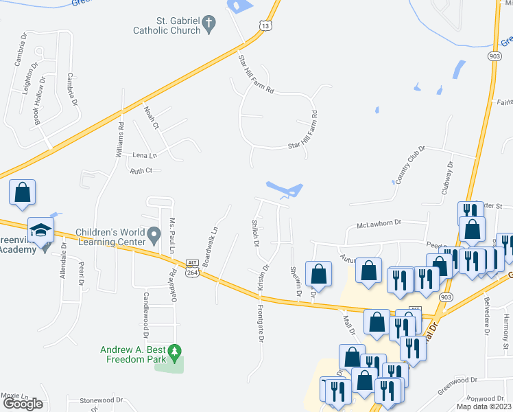 map of restaurants, bars, coffee shops, grocery stores, and more near 301 Shiloh Drive in Greenville