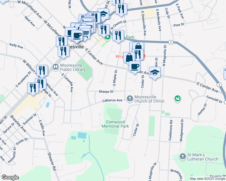 map of restaurants, bars, coffee shops, grocery stores, and more near 388 Sharpe Street in Mooresville
