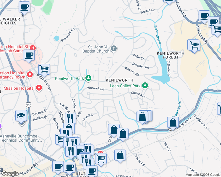 map of restaurants, bars, coffee shops, grocery stores, and more near 38 Warwick Road in Asheville
