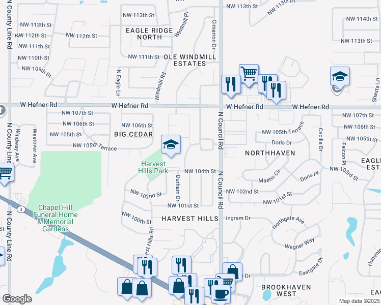 map of restaurants, bars, coffee shops, grocery stores, and more near 10520 Harvest Moon Avenue in Oklahoma City