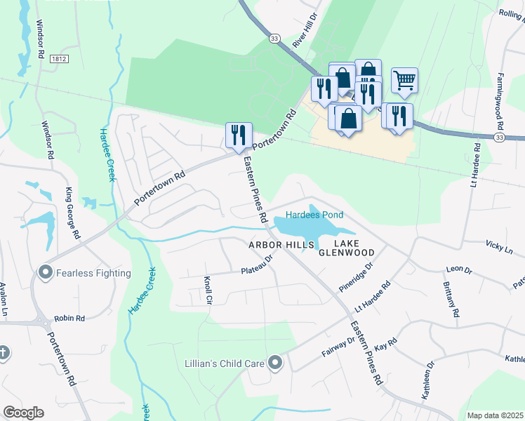 map of restaurants, bars, coffee shops, grocery stores, and more near 4399 Eastern Pines Road in Greenville