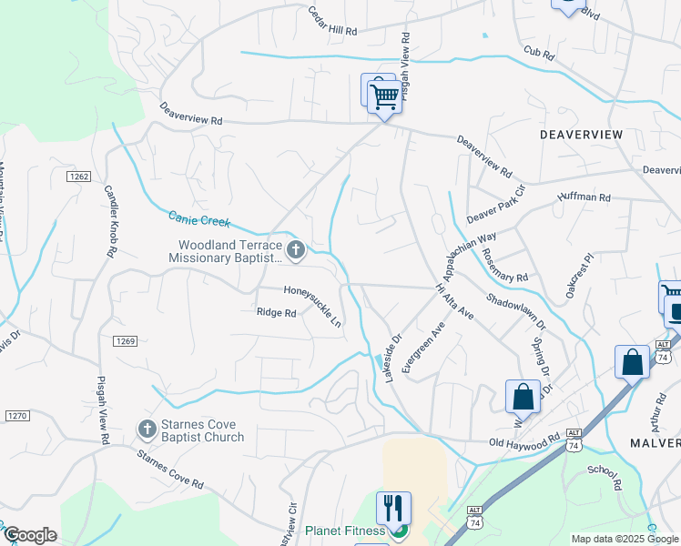 map of restaurants, bars, coffee shops, grocery stores, and more near 1 Woodland Terrace in Asheville