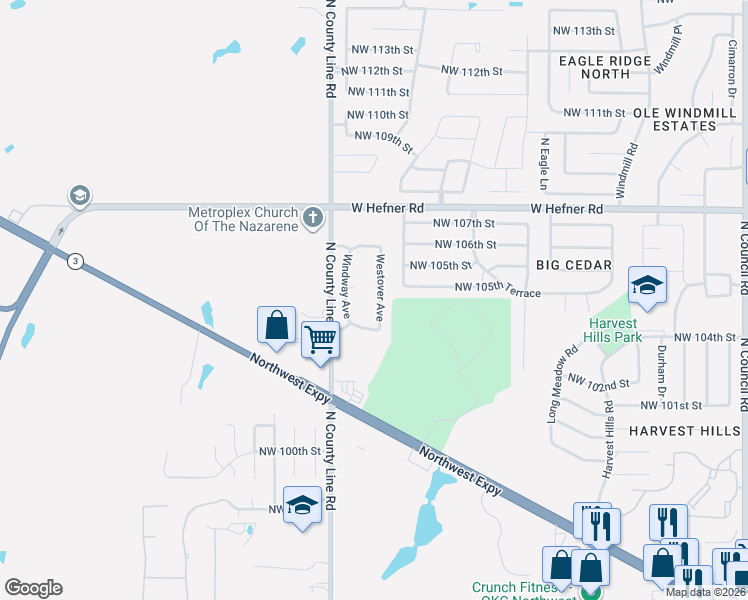 map of restaurants, bars, coffee shops, grocery stores, and more near 10421 Westover Avenue in Oklahoma City