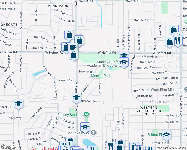 map of restaurants, bars, coffee shops, grocery stores, and more near 10505 Lyndon Road in The Village