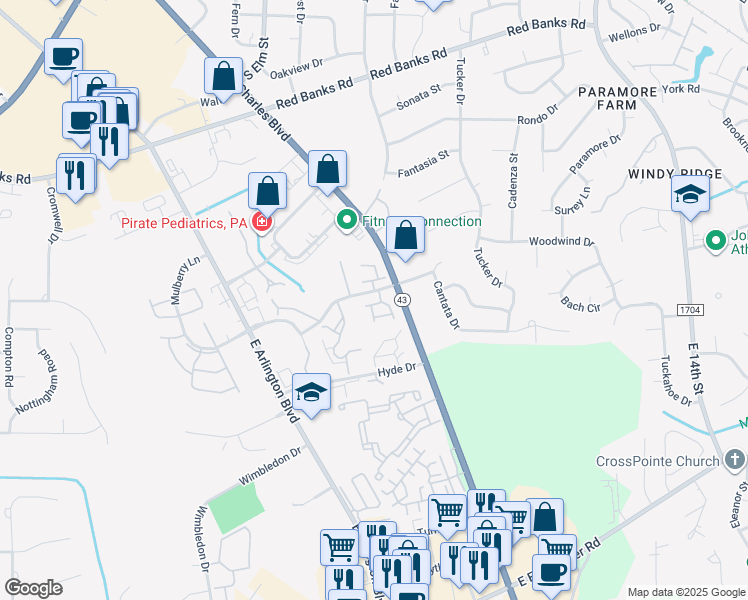 map of restaurants, bars, coffee shops, grocery stores, and more near 7 Upton Court Drive in Greenville