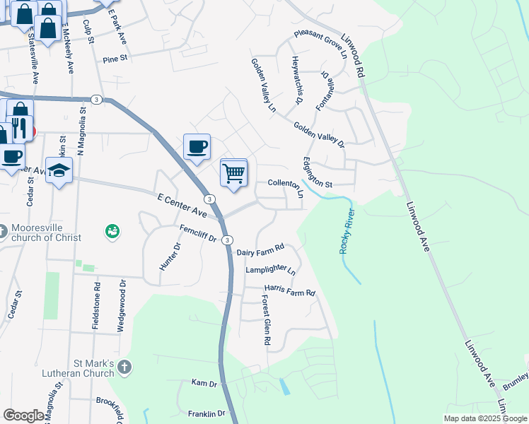 map of restaurants, bars, coffee shops, grocery stores, and more near 110 South Cromwell Drive in Mooresville