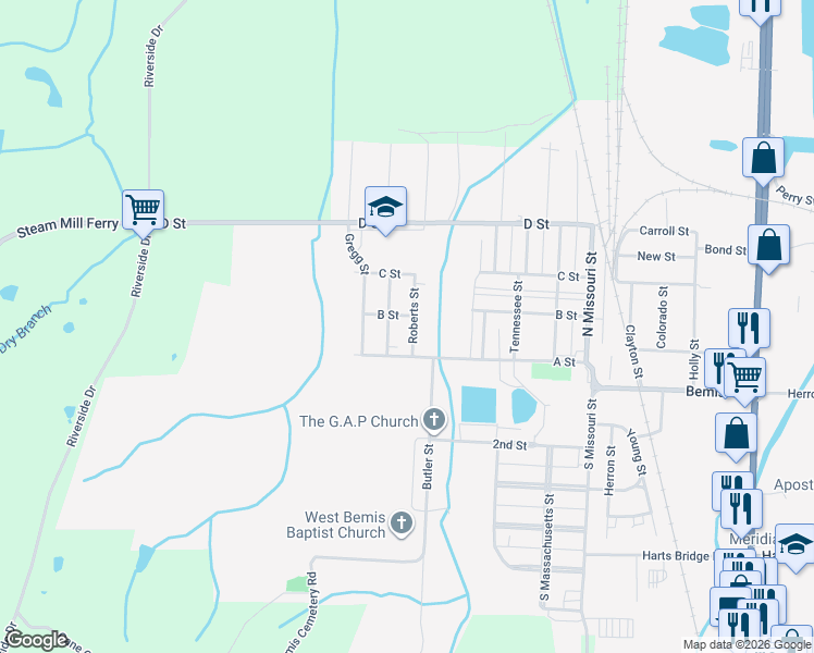 map of restaurants, bars, coffee shops, grocery stores, and more near 9 Roberts Street in Jackson