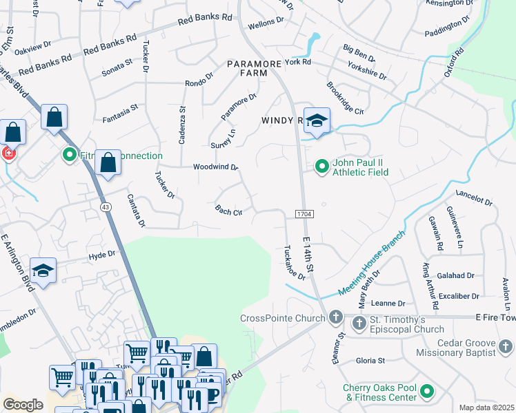 map of restaurants, bars, coffee shops, grocery stores, and more near 2001 Woodwind Drive in Greenville