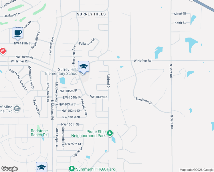 map of restaurants, bars, coffee shops, grocery stores, and more near 11000 Northwest 105th Terrace in Yukon