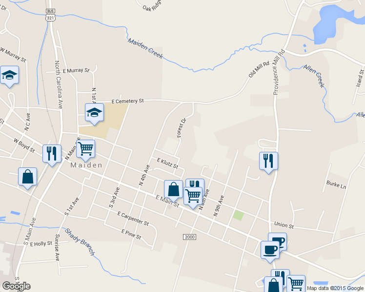 map of restaurants, bars, coffee shops, grocery stores, and more near 407 Forest Drive in Maiden