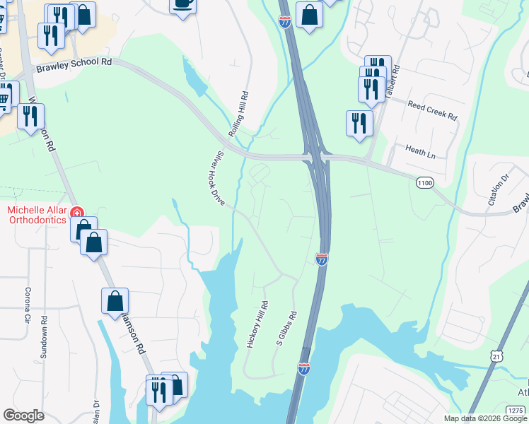 map of restaurants, bars, coffee shops, grocery stores, and more near 133 High Ridge Road in Mooresville