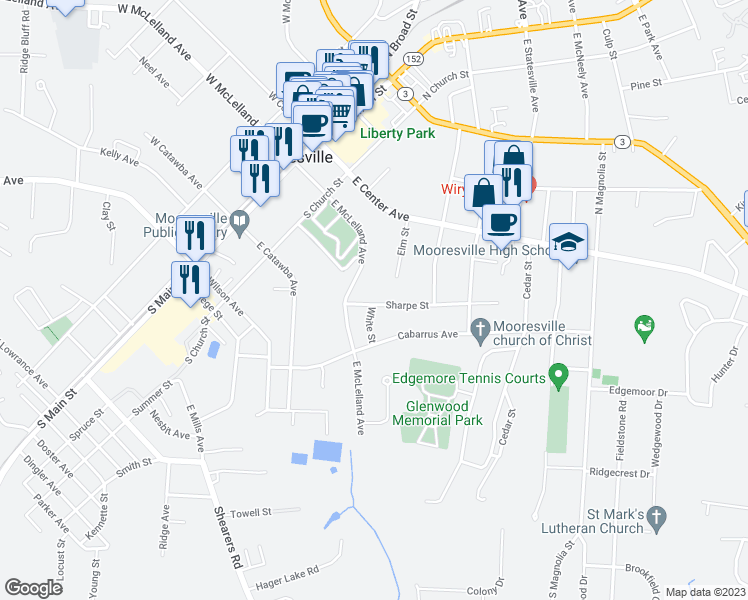 map of restaurants, bars, coffee shops, grocery stores, and more near 330 Sharpe Street in Mooresville