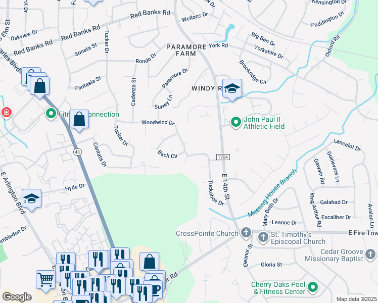 map of restaurants, bars, coffee shops, grocery stores, and more near 2001 Woodwind Drive in Greenville