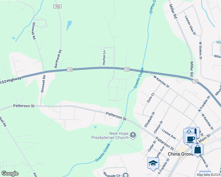 map of restaurants, bars, coffee shops, grocery stores, and more near 414 Berrybeth Circle in China Grove