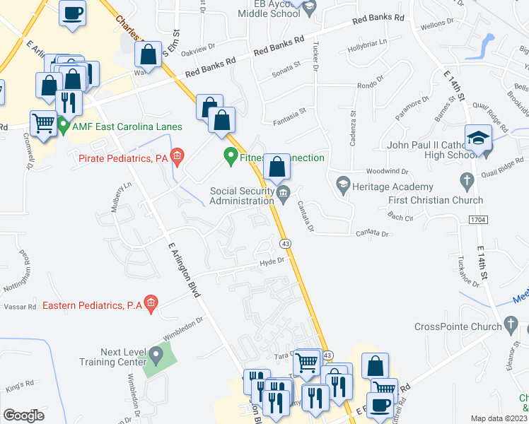 map of restaurants, bars, coffee shops, grocery stores, and more near 12 Upton Court Drive in Greenville
